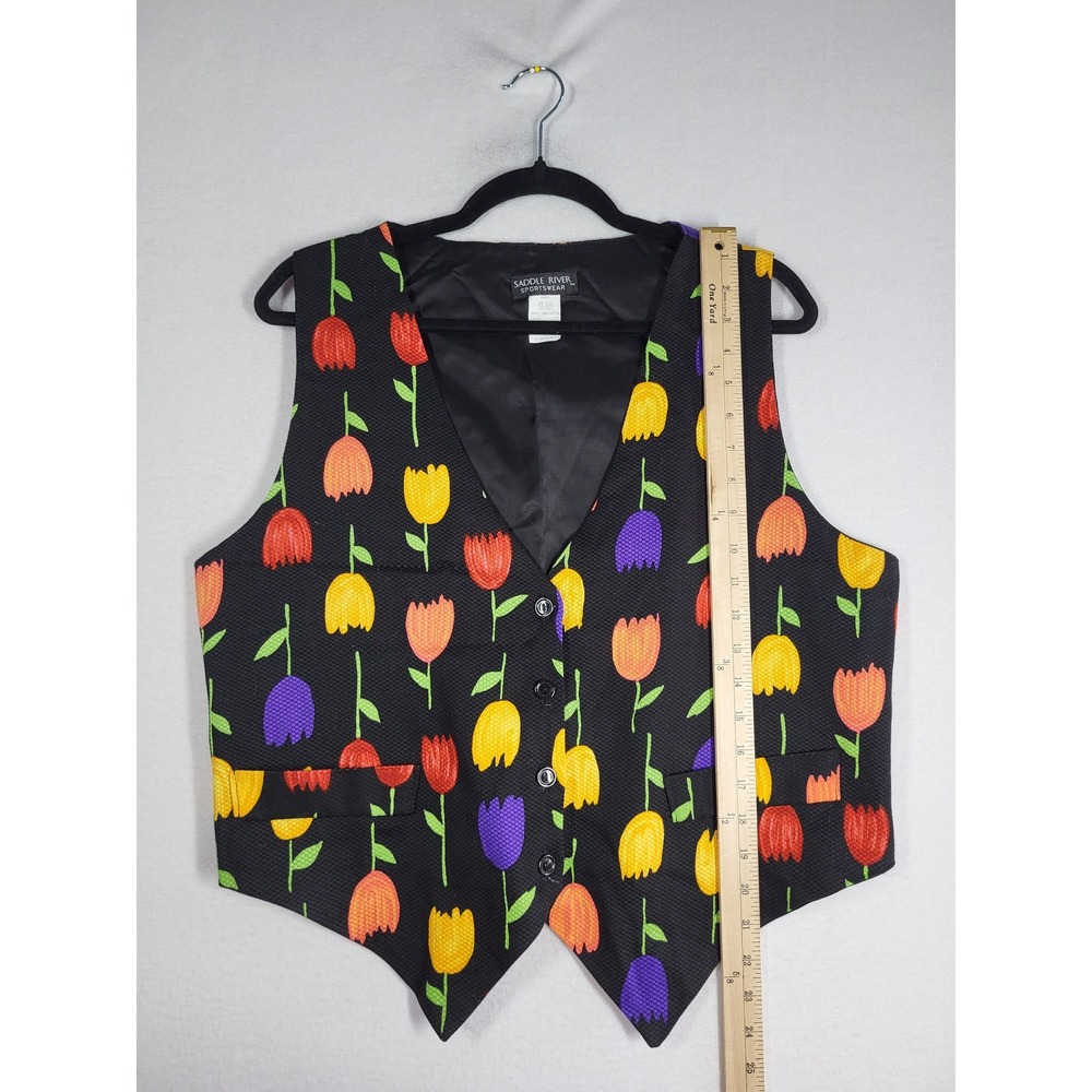 VTG Tulip Print Vest Womens L Black Floral Cottagecore Garden Floral USA 90s - Picture 7 of 9